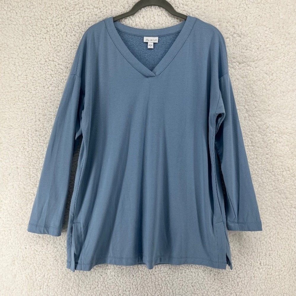 Pure Jill J Jill Luxe Tencel V-Neck Tunic Top Womens M Blue Long Sleeve Pockets